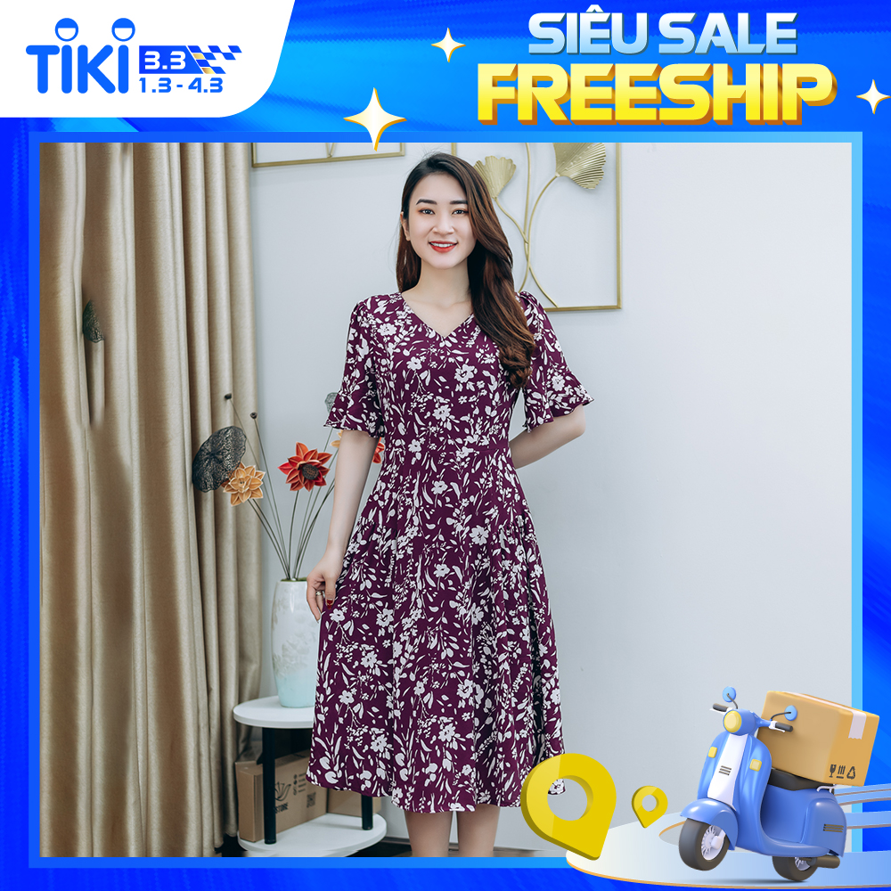 Đầm xòe thiết kế trung niên sang trọng Cổ tim tay chuông màu Tím hoa trắng TTV STORE TTV1257