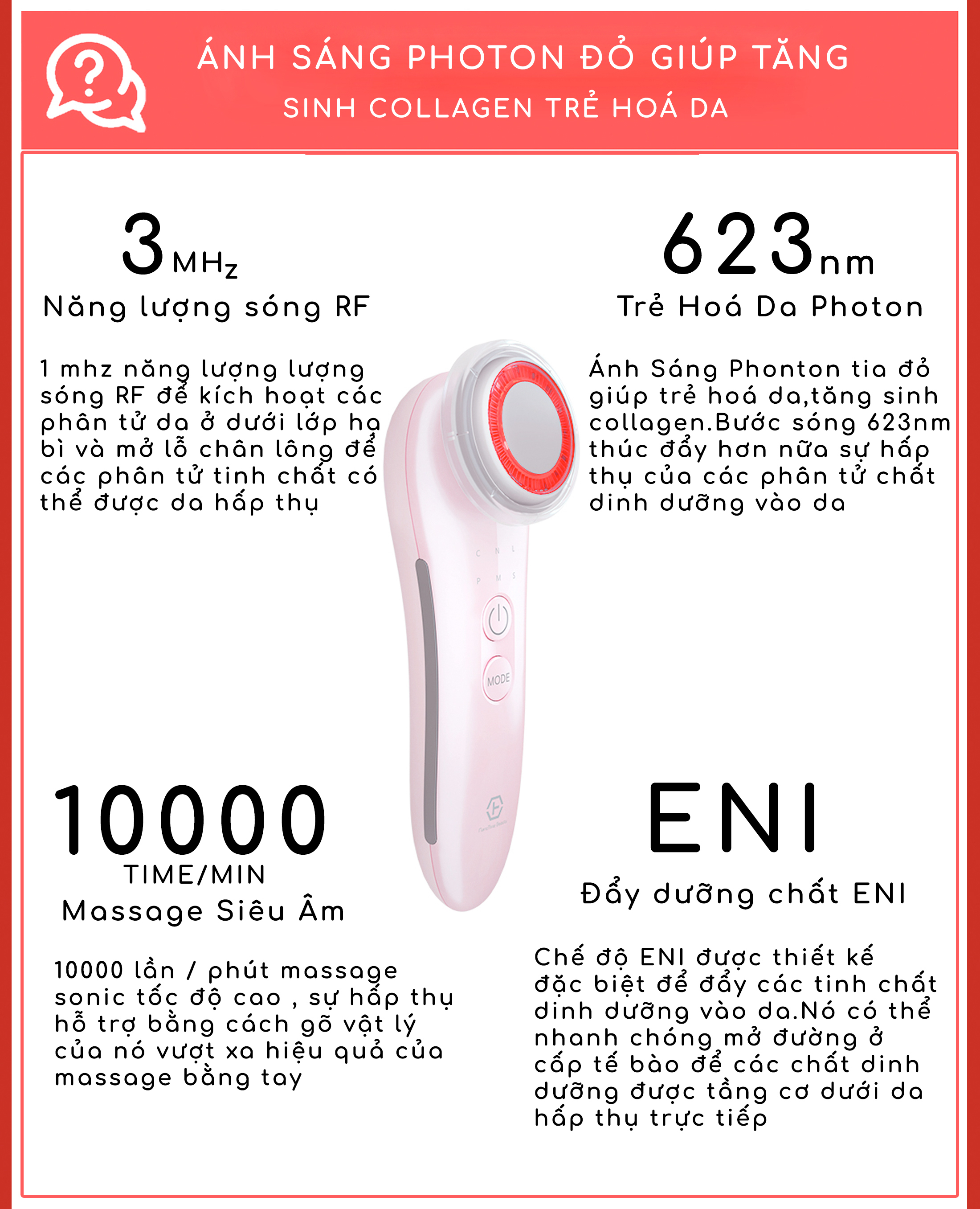 Máy điện di tinh chất đa năng 6 in1, Nâng cơ EMS và Ánh sáng Photon trẻ hoá Nanotime Beauty F65U Nhật Bản Bảo hành chính hãng 2 Năm