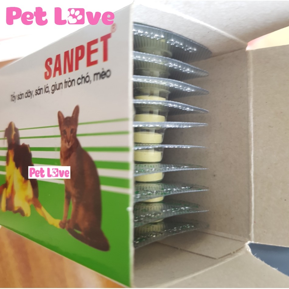 Sanpet tẩy giun tròn, sán lá, sán dây chó mèo (1 hộp x 100 viên)