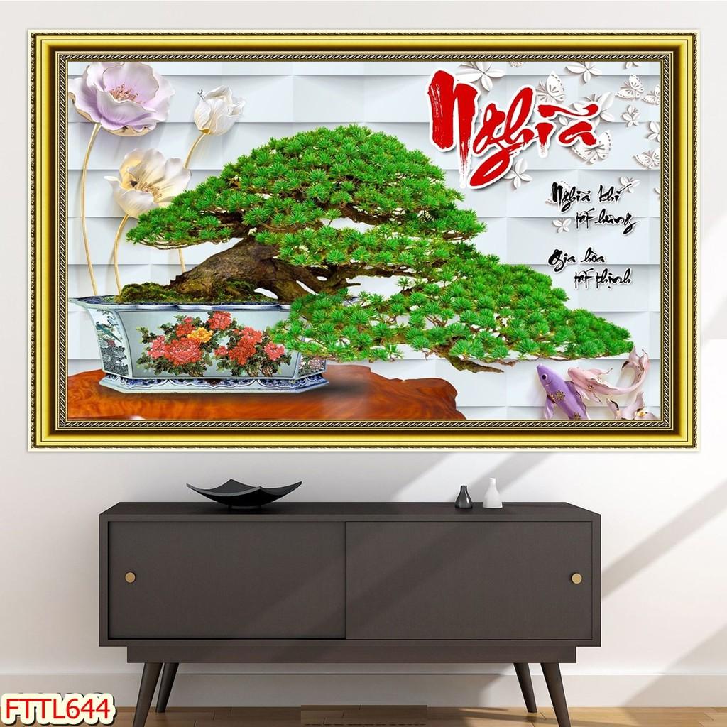 Tranh dán tường Tranh tết 2021 Tranh thư pháp Chậu Bonsai - hoa mai 11, Tranh dán tường 3d hiện đại (tích hợp sẵn keo)