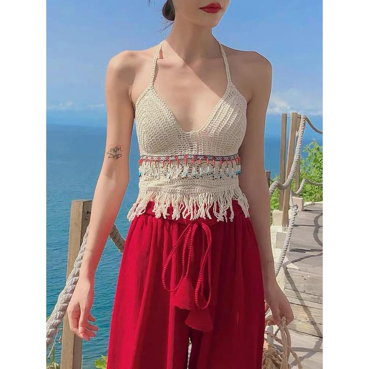 MS865 Áo hai dây đan móc đi biển cổ yếm đính cườm