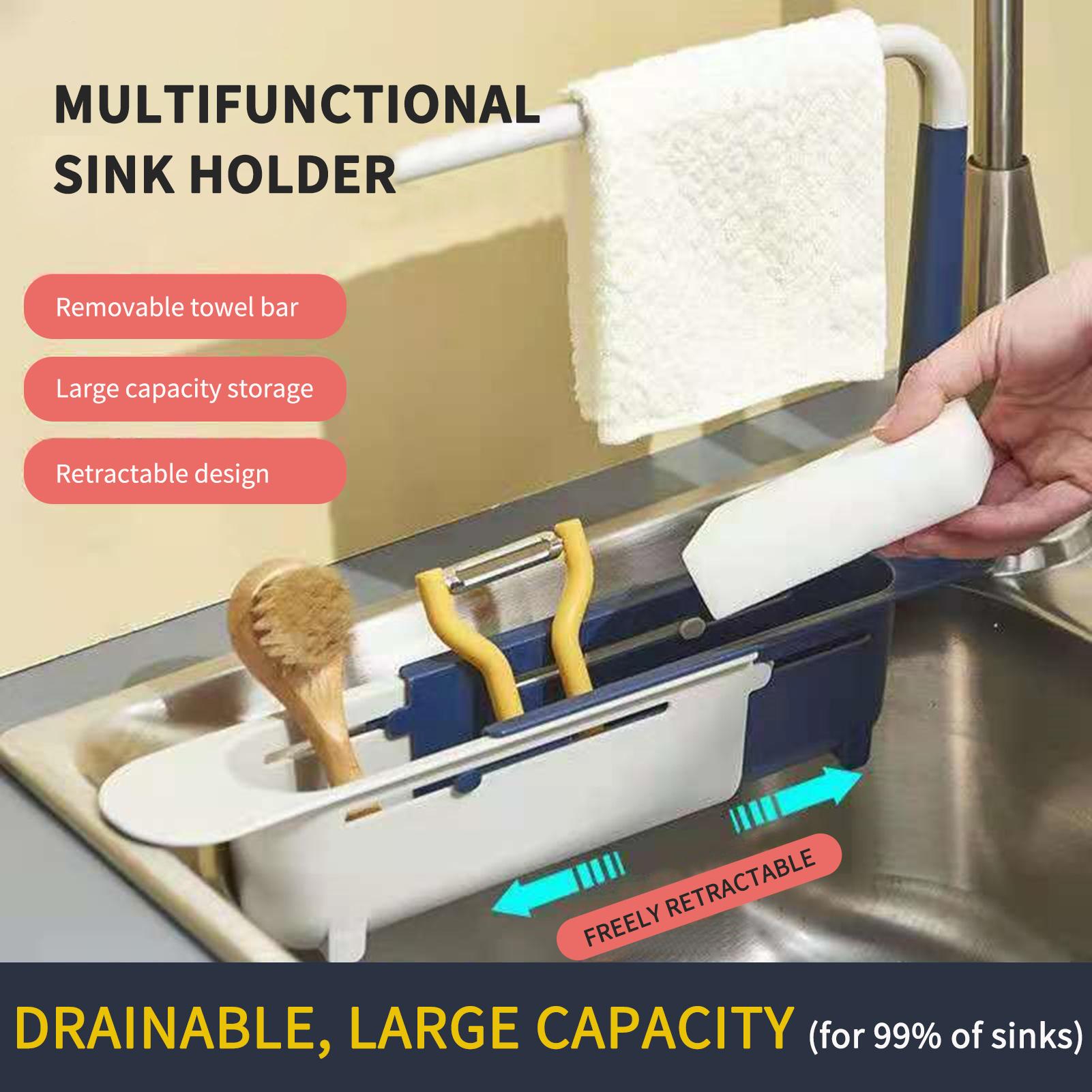 Kitchen Sink Holder, Sink Retractable Drain Rack, Dish Cloth Hanger, Towel Sponge Organizer Rack for Home Kitchen