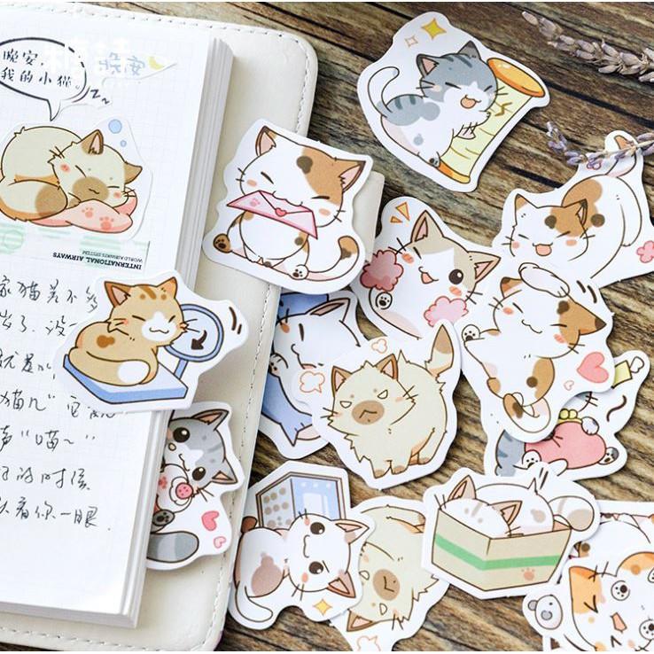 Hộp 45 Miếng Nhãn Dán Sticker Trang Trí Mèo Nhật Bản