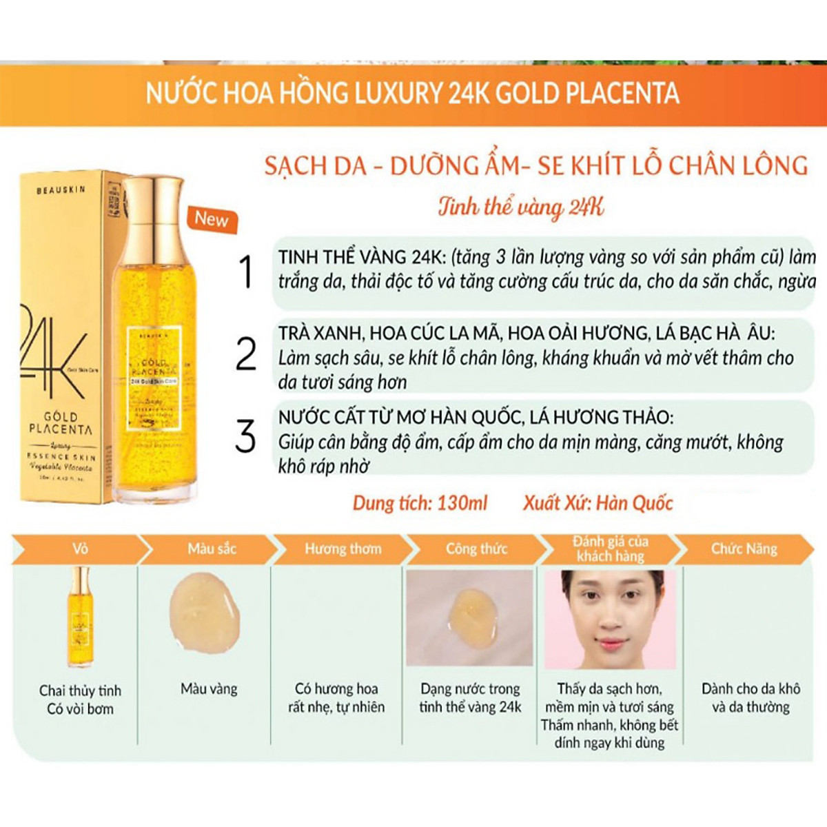 Nước hoa hồng dưỡng ẩm se khít lỗ chân lông Beauskin Placeta gold Hàn Quốc 130ml tặng kèm móc khóa