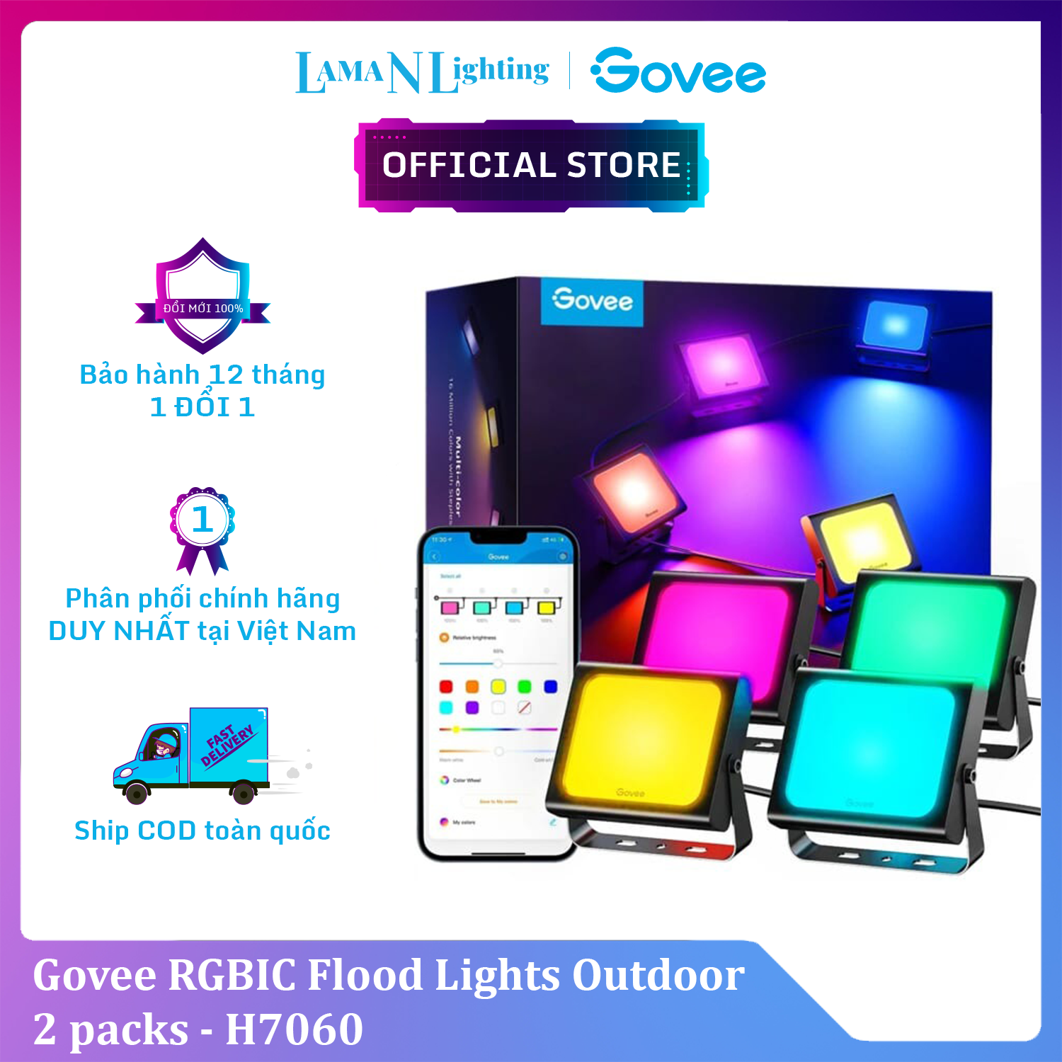 Đèn pha LED ngoài trời Govee RGBIC Flood Lights Outdoor H7060 | Công suất ánh sáng lớn | Tiết kiệm điện năng | Hiển thị màu đa dạng và sắc nét