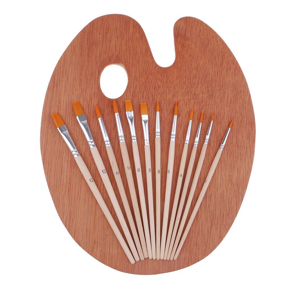 12 Pcs Assorted Nylon Hair Painting Brushes Set with Wooden Palette And Acrylic Paints