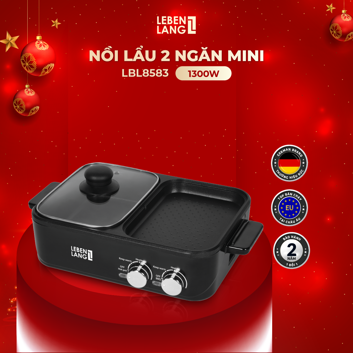 Nồi lẩu điện 2 ngăn mini Lebenlang LBL8583, bếp lẩu nướng 2in1 công suất 1300W, 1200ml nhanh gọn tiện lợi - hàng chính hãng