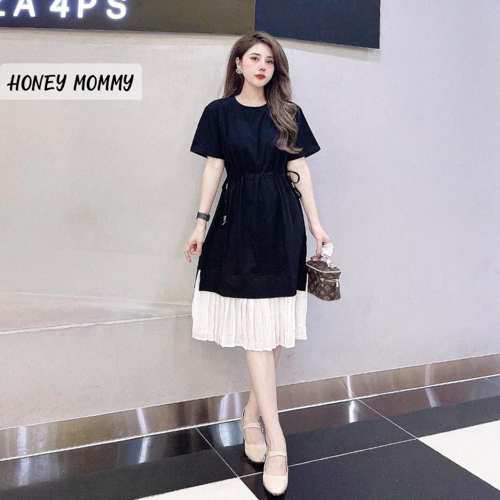 Váy Bầu Hè Cộc Tay Chất Thun Cotton Dây Rút Eo Phối Chân Váy Trắng HD2632 Honey Mommy Đầm Bầu Công Sở Đi Làm Đi Chơi