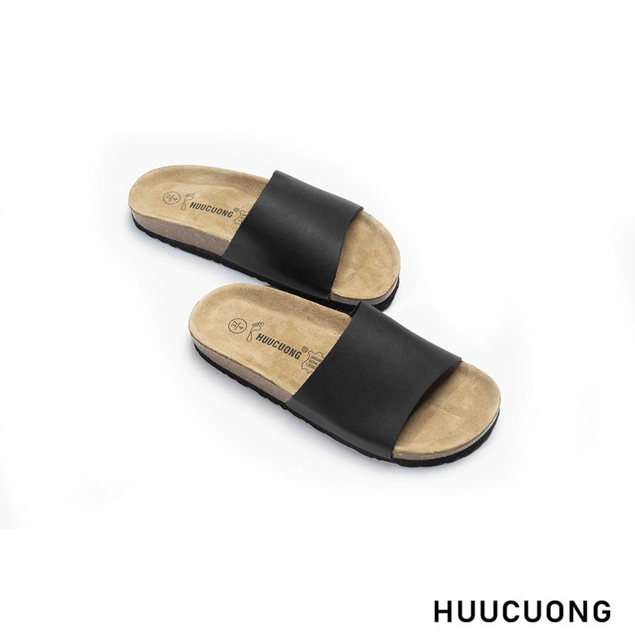 Dép unisex HuuCuong 1 quai da bò đen đế trấu handmade