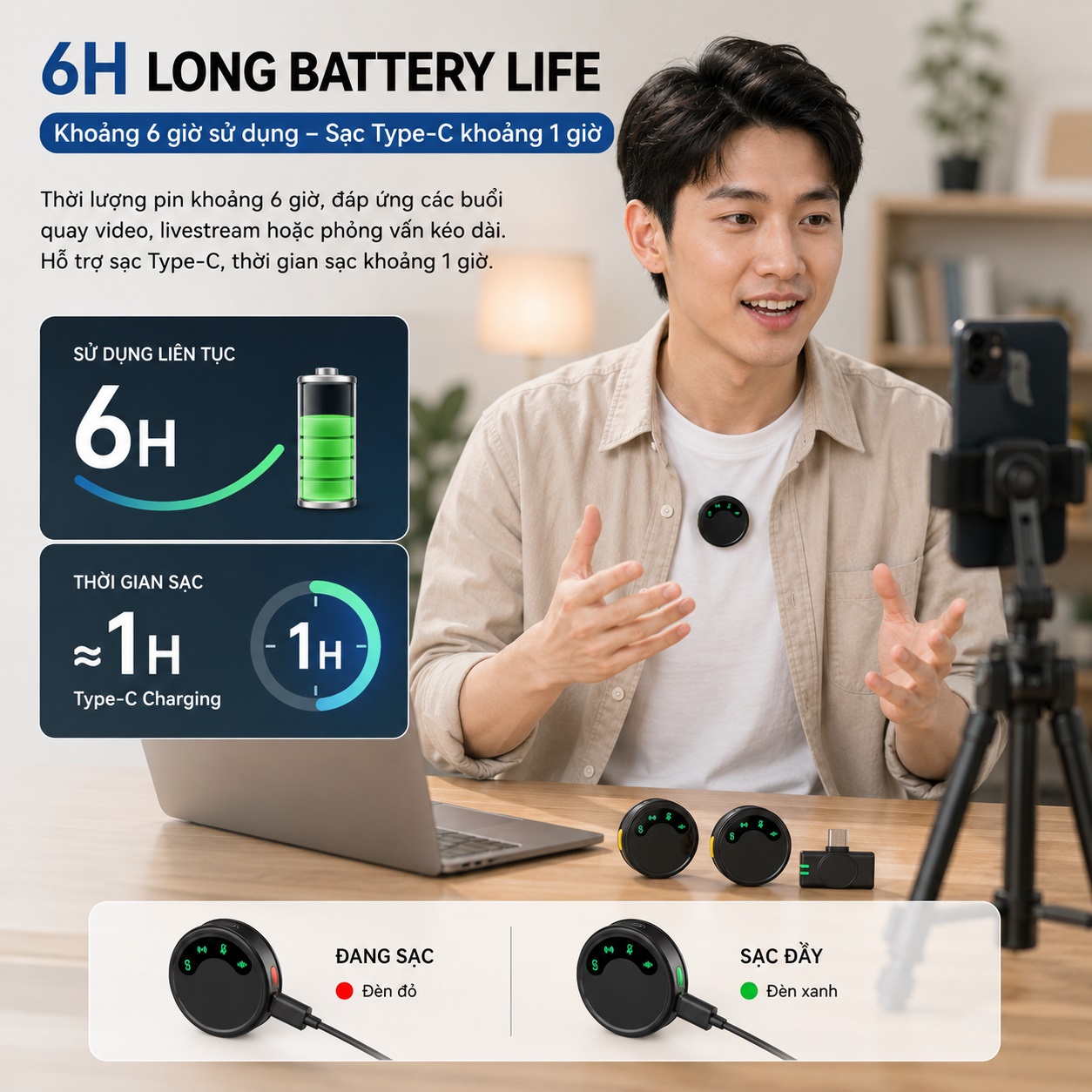 Micro thu âm không dây khử tiếng ồn AI ANC DUO WIWU Wi-WM010 – 2 MICRO THU ÂM 360° | KHỬ ỒN AI | TYPE-C cho iPhone Samsung - Hàng nhập khẩu