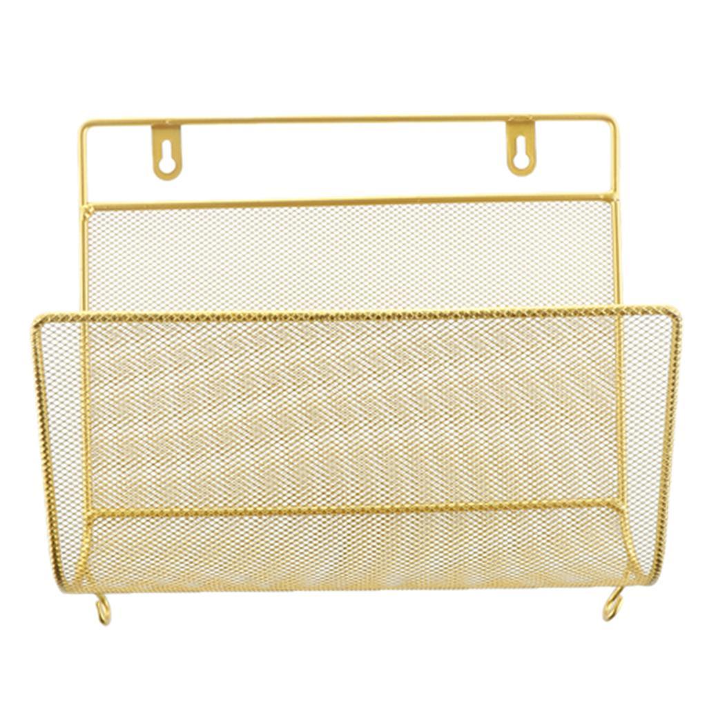 3X Wall Mount Metal Storage Basket Magazine Book Rack Shelf Holder Golden