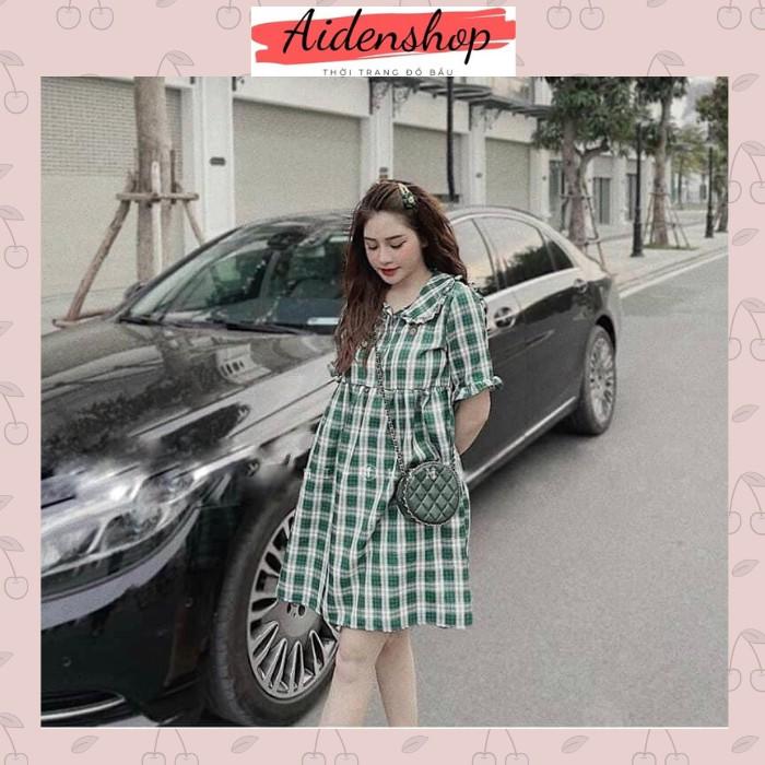 Váy bầu xinh dáng babydoll thời trang kẻ sọc caro màu xanh váy quả dứa mùa hè