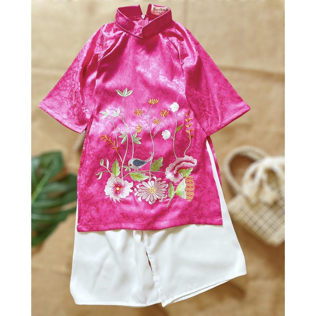 Áo Dài Lụa Truyền Thống Hàng Thiết Kế Cao Cấp Chubby Beans Thêu Tay Tinh Xảo