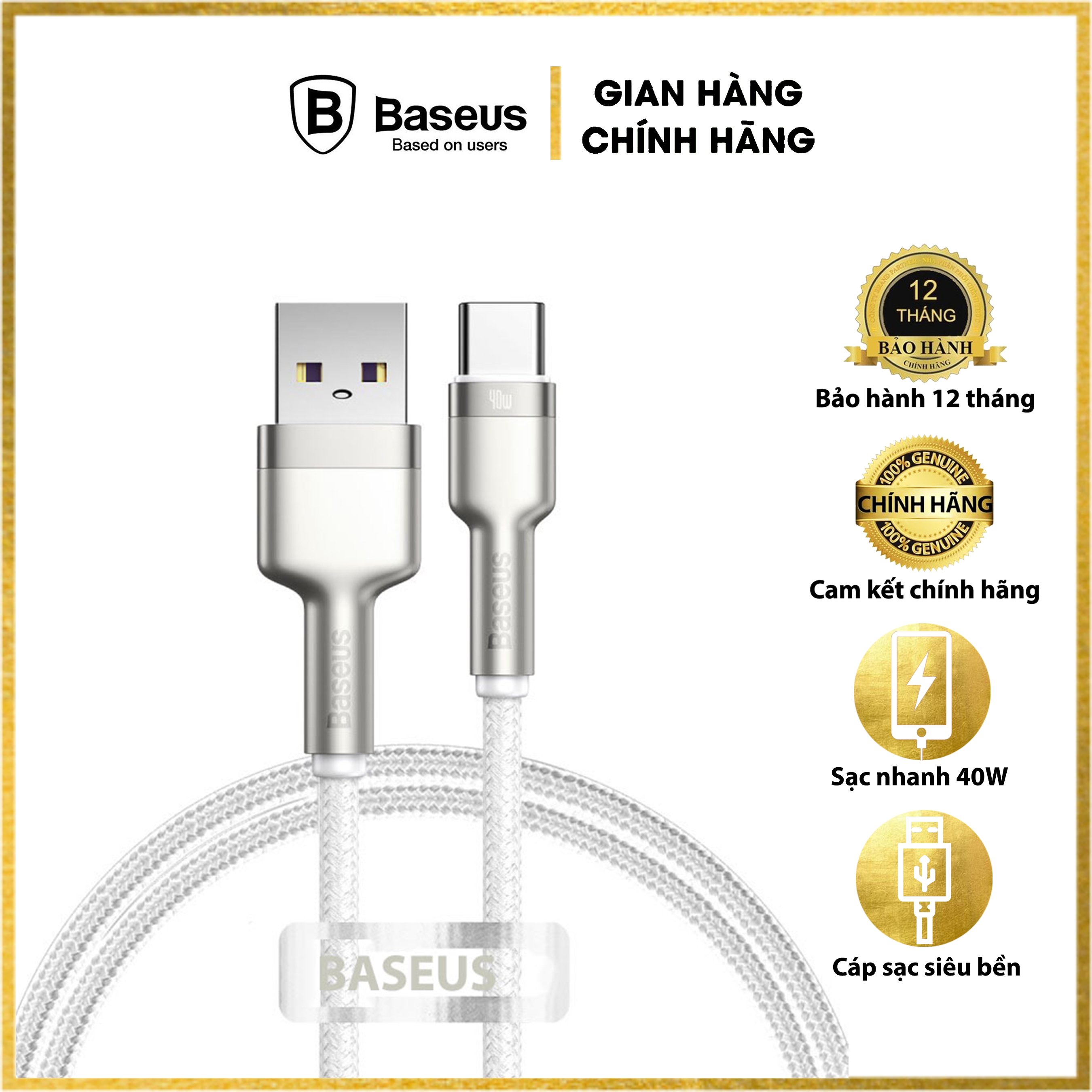 Dây sạc nhanh Baseus 40W Type C, Cáp sạc nhanh Baseus PD 40W Metal Charging Cables USB To Type-C Charger Data Line - Hàng chính hãng