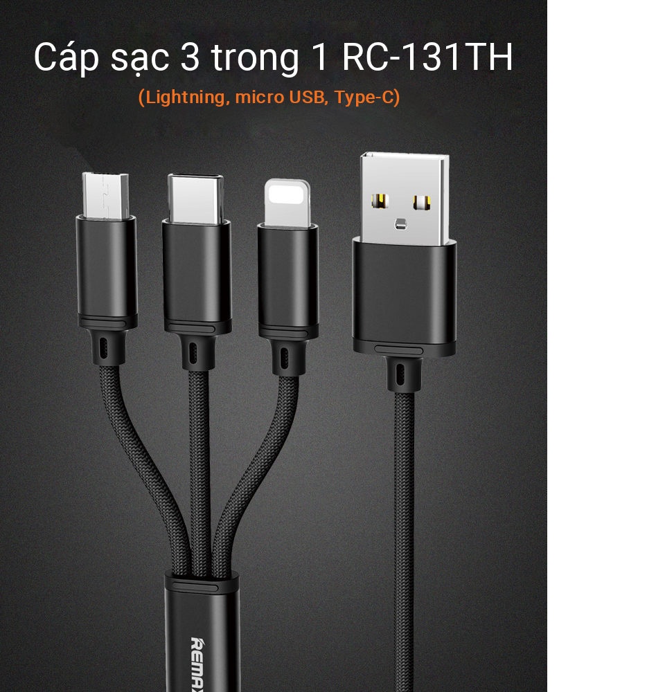 Dây sạc 3 đầu bọc dù Remax RC-131Th - cáp sạc 3 in 1 2.8A cao cấp chống gập đứt cho iphone samsung,...vv- hàng chính hãng