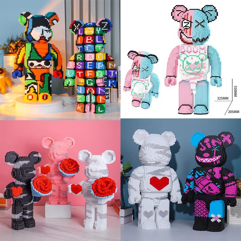 (55cm ) Mô hình lắp ráp Bearbrick size lớn chủ đề hoa ( tặng búa + đèn + 1 mini) - Hồng tim 55cm