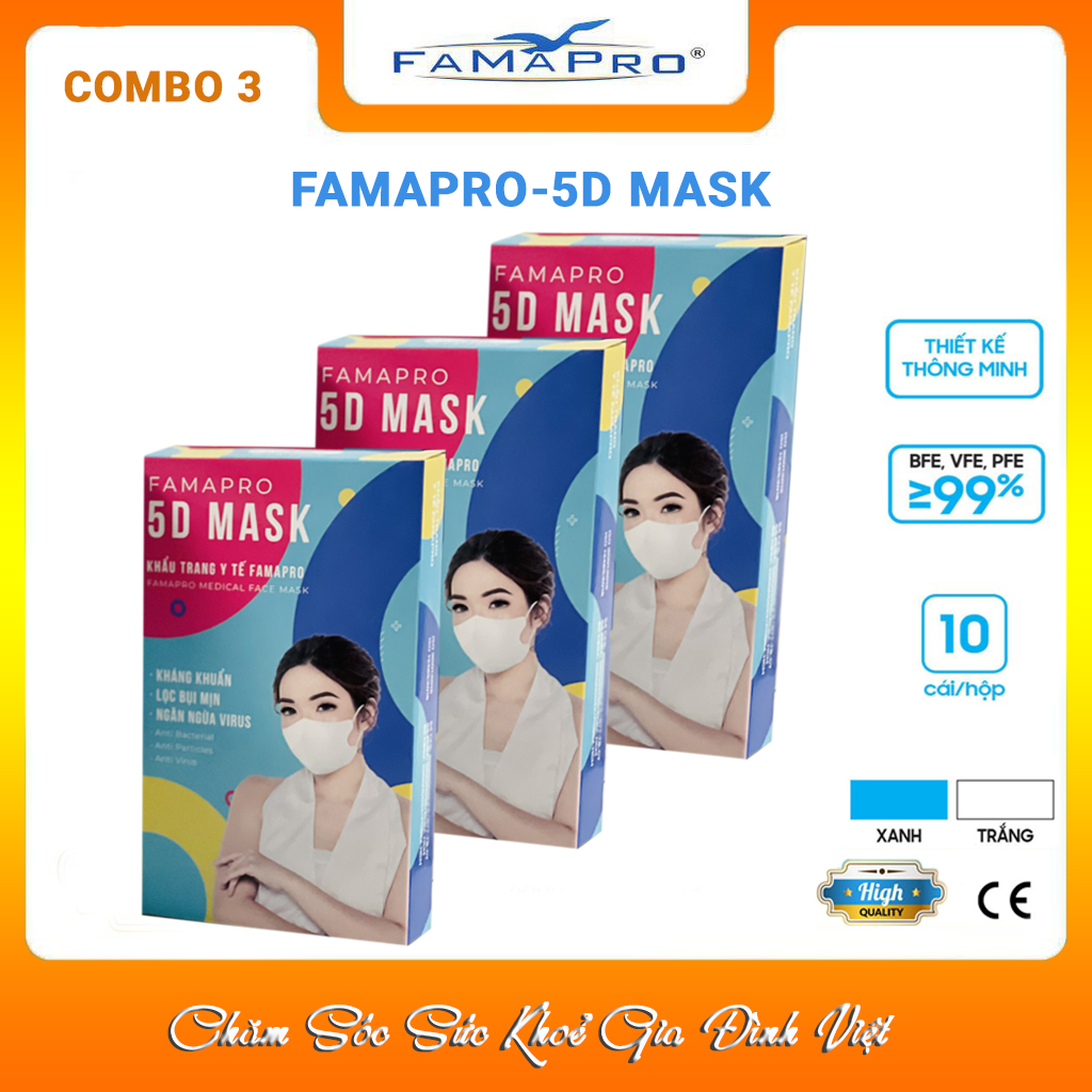 Khẩu trang kháng khuẩn Famapro 5D Mask/Kháng khuẩn, virus, bụi 99% /Chính Hãng Hộp 10 cái)