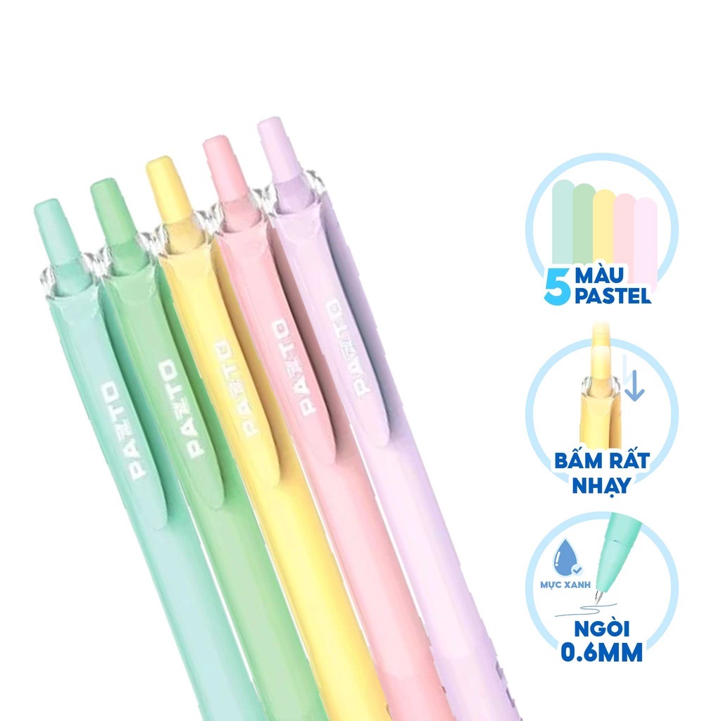 Hộp 5 bút gel Thiên Long Pazto FO-GELB039/VN nét 0.6mm - Mực xanh, thân bút màu pastel bắt mắt, bút dạng mực dầu viết trơn