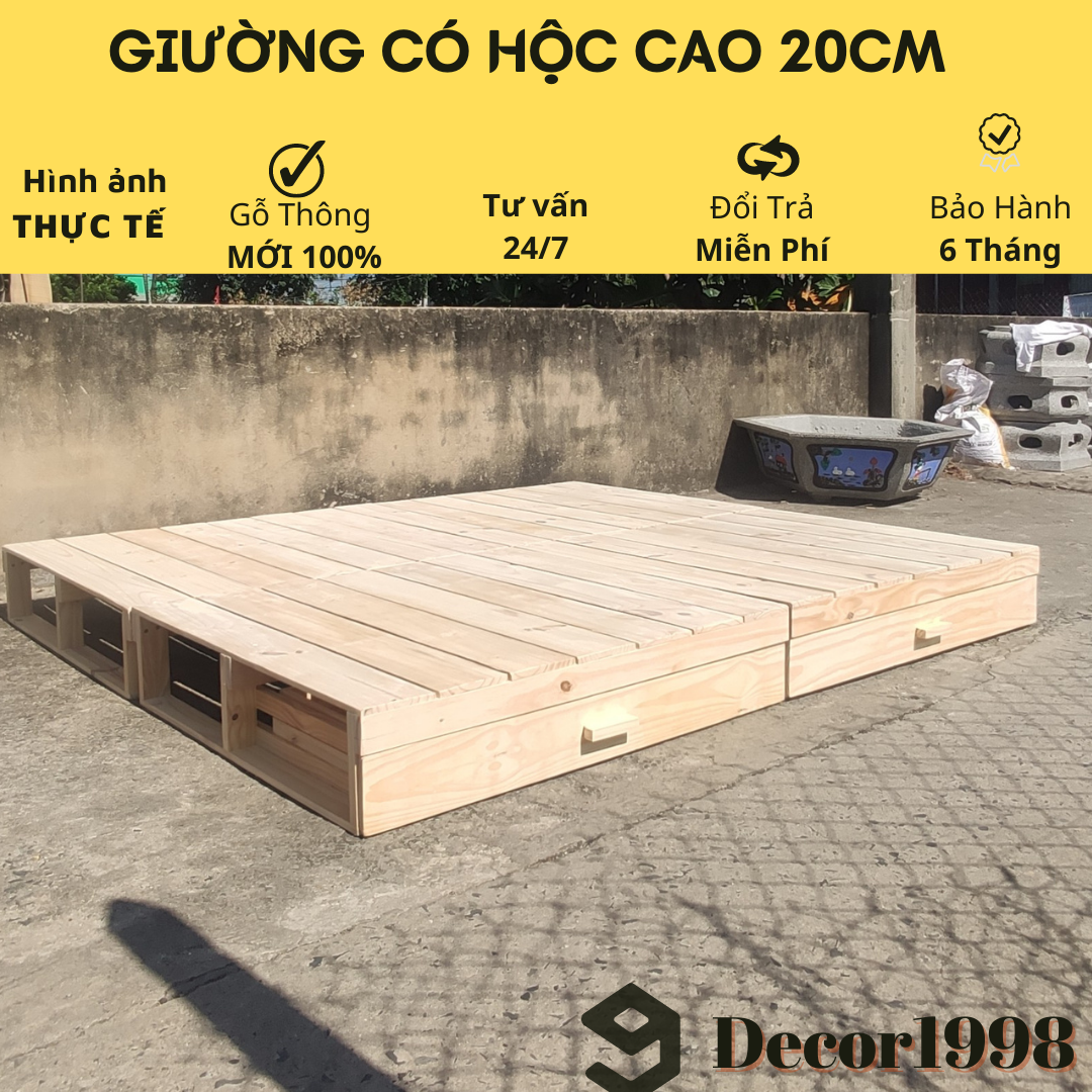 GIƯỜNG NGỦ CÓ HỘC KÉO, PALLET LÓT NỆM CAO 20CM HỘC KÉO GỖ THÔNG MỚI NHẬP KHẨU