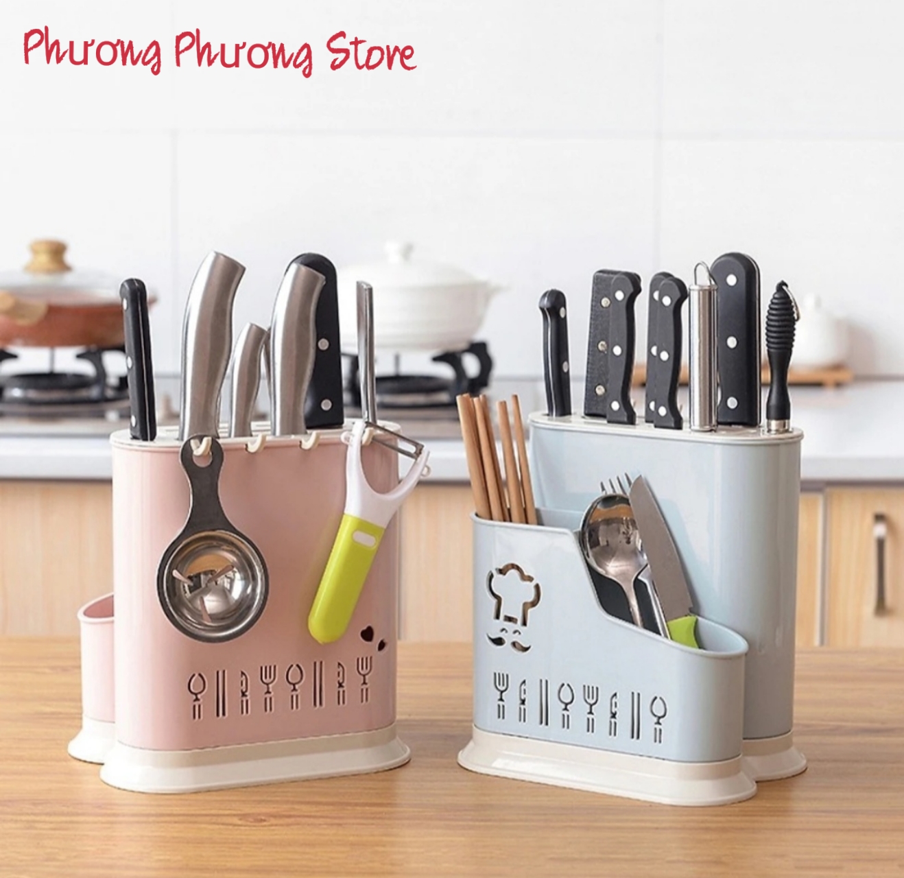 Giá Kệ Đựng Đũa Thìa Có Móc Treo Kèm Khay Cắm Dao Kéo Nhựa VN - Tặng 1 móc dán tường to