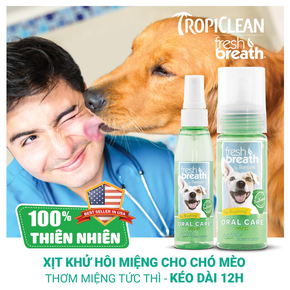 Chai xịt chăm sóc răng miệng cho chó, khử mùi hôi (Tropiclean, MỸ)