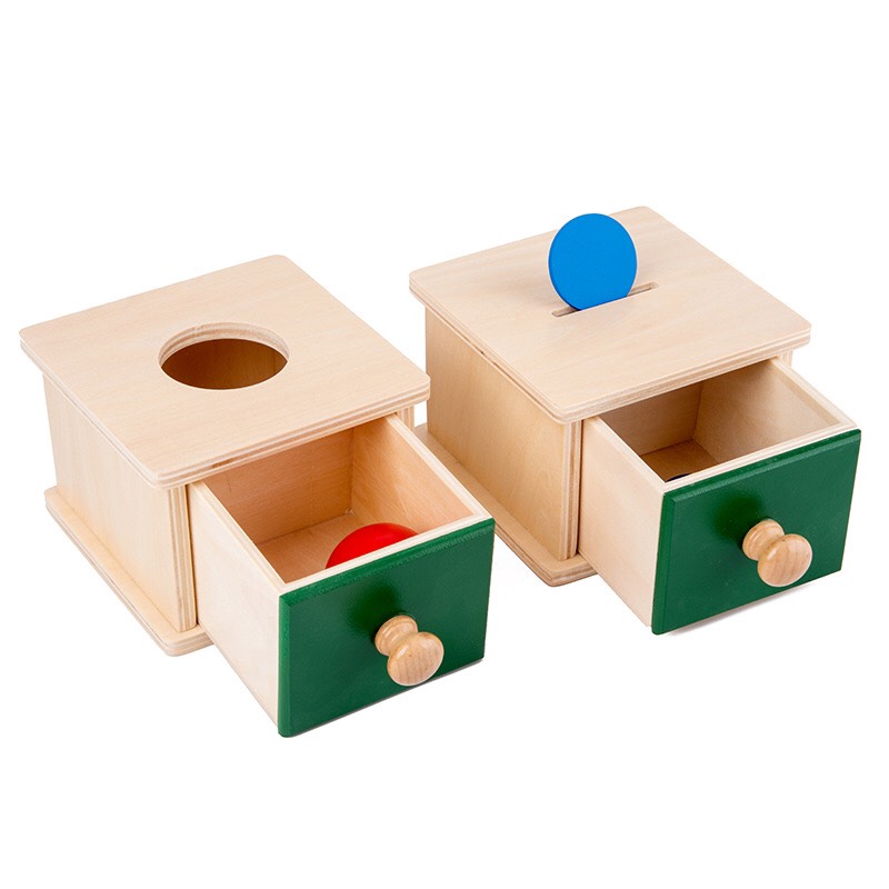 Đồ chơi giáo cụ Montessori cho bé 0-3 tuổi. Hộp Thả Đồng Xu và thả bóng Montessori. Kích thước 12x12cm