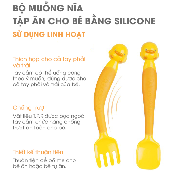 Bộ muỗng nĩa tập ăn cho bé 6 tháng tuổi trở lên Piyo Piyo, tay cầm có hình vịt nhựa dẻo dễ uốn cong