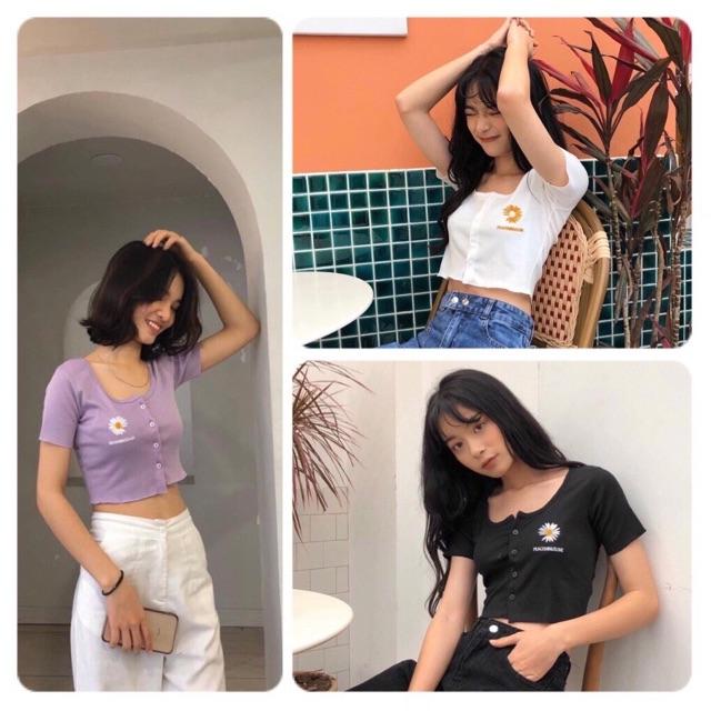 Áo thun tay ngắn cổ tròn có hàng nút phía trước crop top cực xinh 40k
