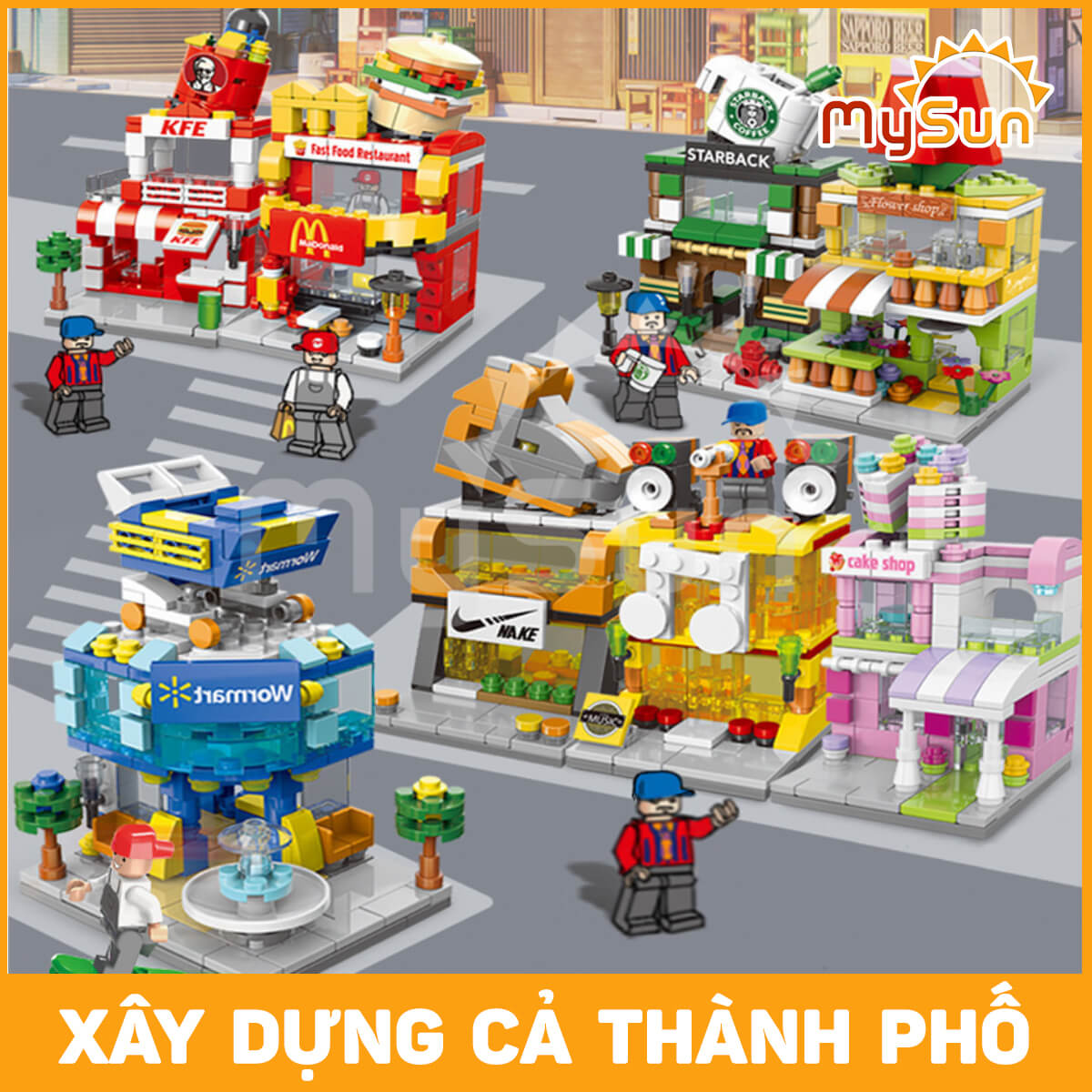 Đồ chơi xếp lắp ghép mô hình nhà hàng, siêu thị, cà phê thành phố city sáng tạo cho bé gái, trai MySun