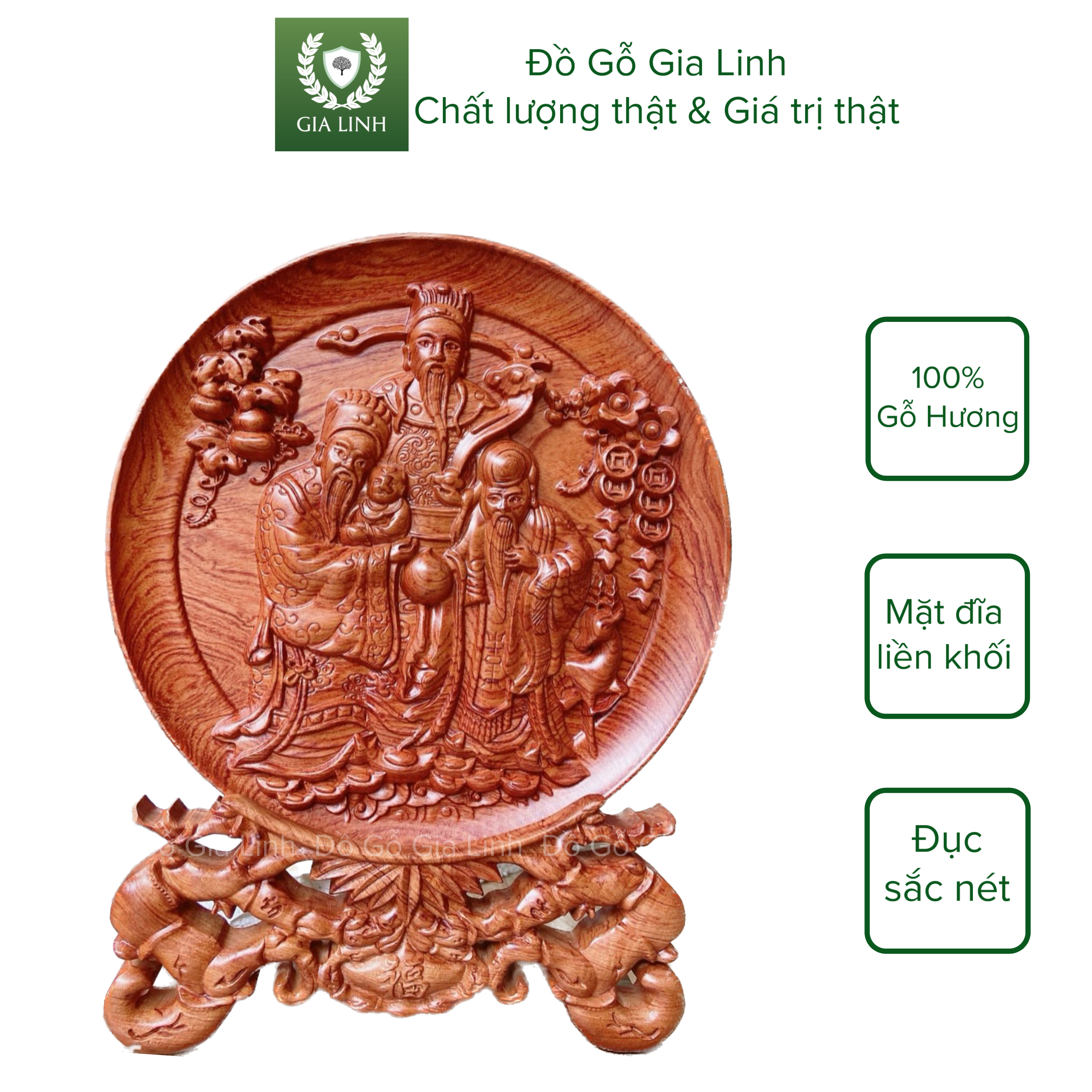 Đĩa gỗ Phúc lộc thọ Đồ Gỗ Gia Linh gỗ Hương đá liền khối kèm chân đế