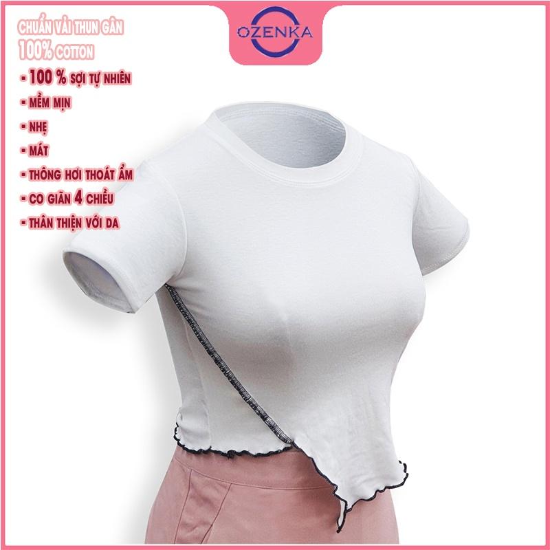 Áo croptop ngắn tay cổ tròn ôm body nữ, áo crt vạt lệch cải viền đẹp màu đen trắng dưới 50 cân