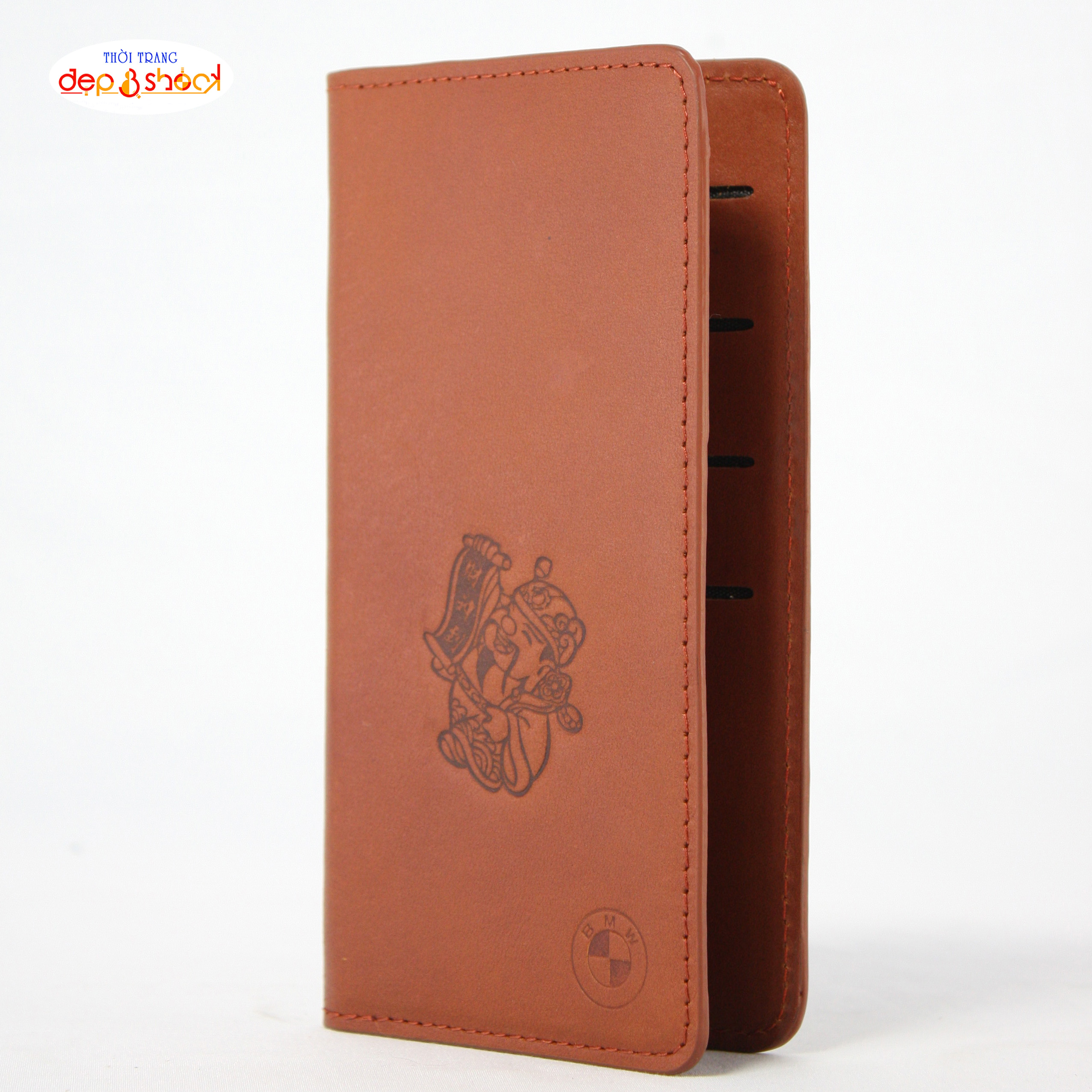 Ví dài cầm tay da bò thật in hình Thần Tài bỏ vừa điện thoại