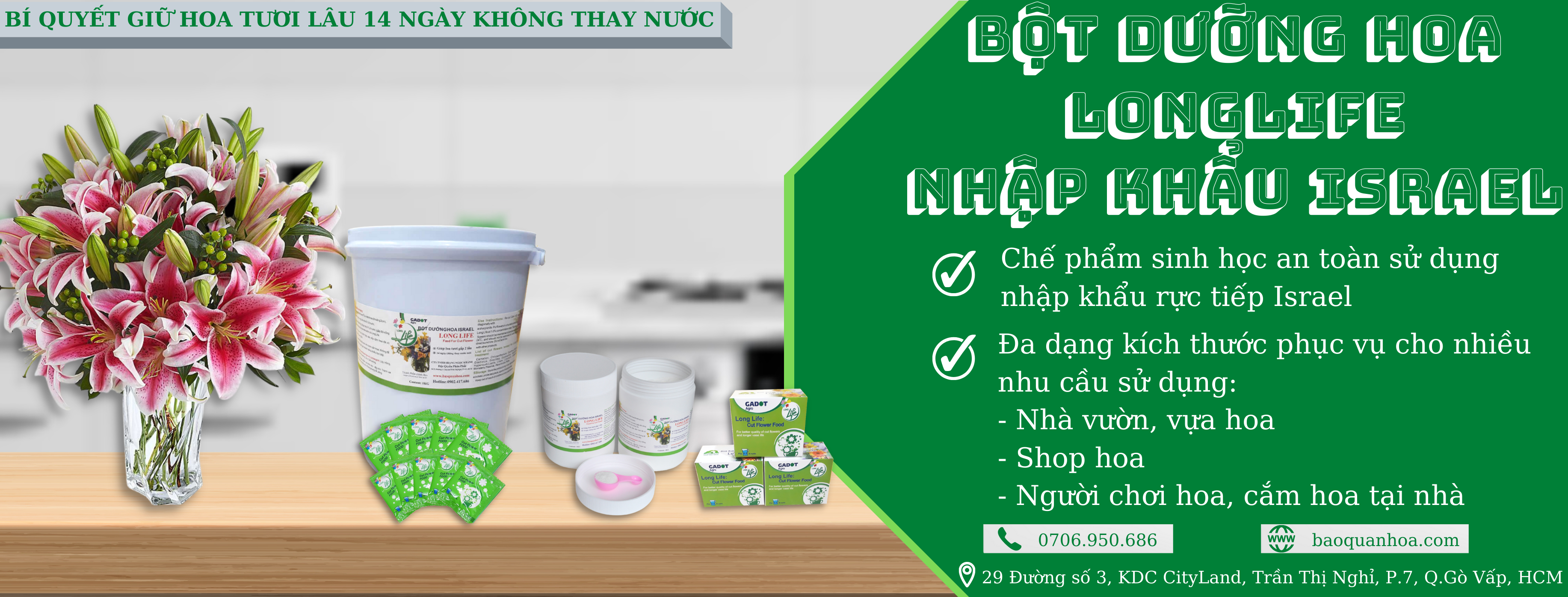 Thuốc Bột Cắm Hoa Tươi nhập khẩu Israel tại shop Florist (1 hủ pha 100L nước cắm hoa) hiệu Longlife SG là bí quyết giúp hoa cắm Xốp tươi lâu và hạn chế chăm sóc thay hoa mới