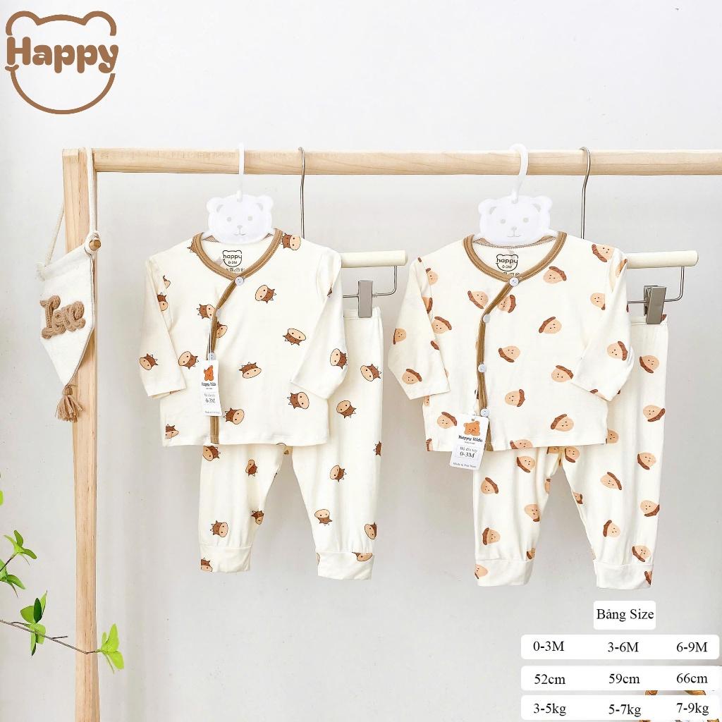 [3-8kg] Bộ Quần Áo Sơ Sinh Dài Tay Thun Lạnh NỀN KEM VIỀN NÂU Mềm, Mát, Có Đáp Đũng Mặc Tã Thoải Mái - Gấu Sao