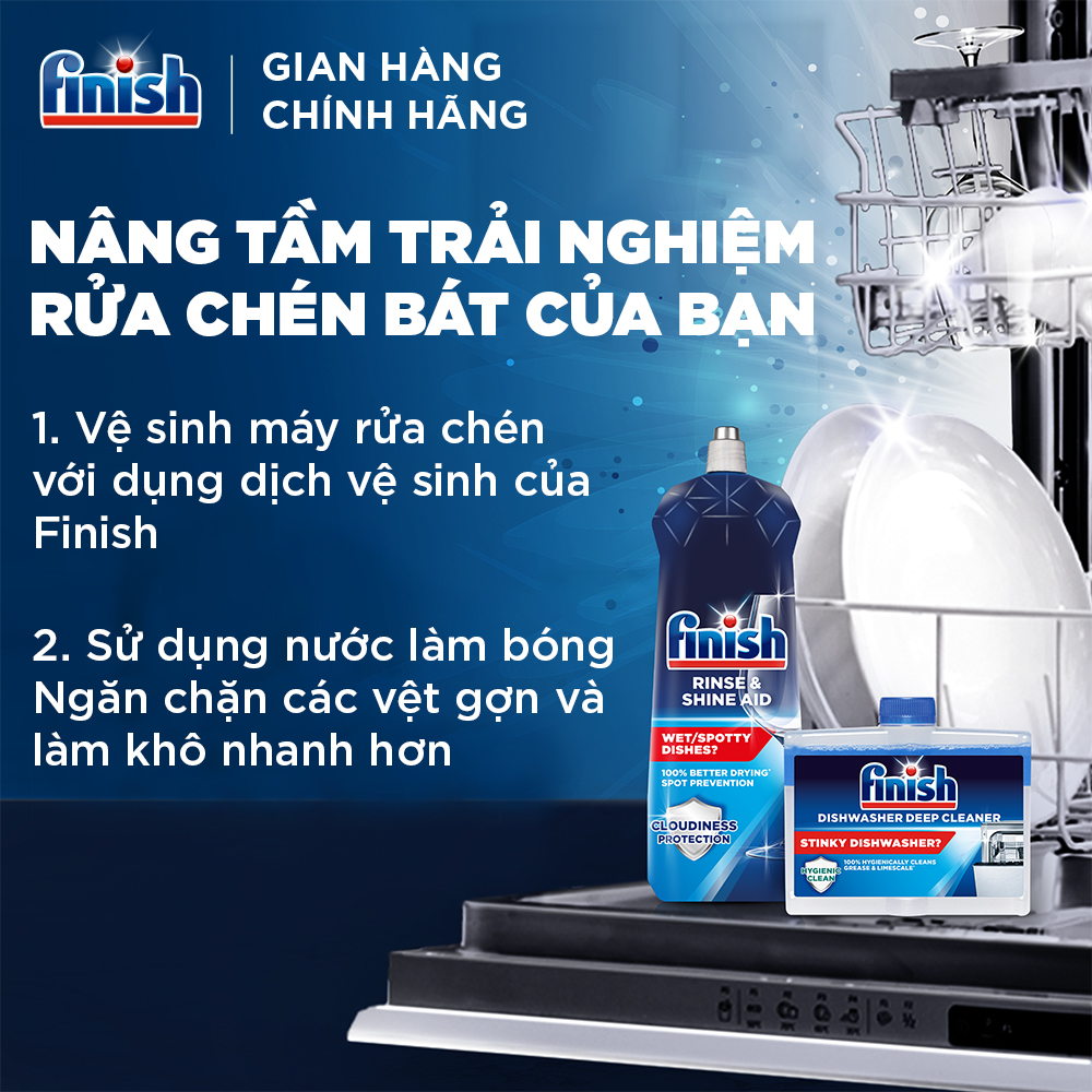 Combo Tiêu Chuẩn: 3 X Túi 30 Viên Nước Rửa Bát All In One Max + Nước Làm Bóng Rinse &amp; Shine Aid + Dung Dịch Tẩy Rửa Máy Rửa Chén Bát.