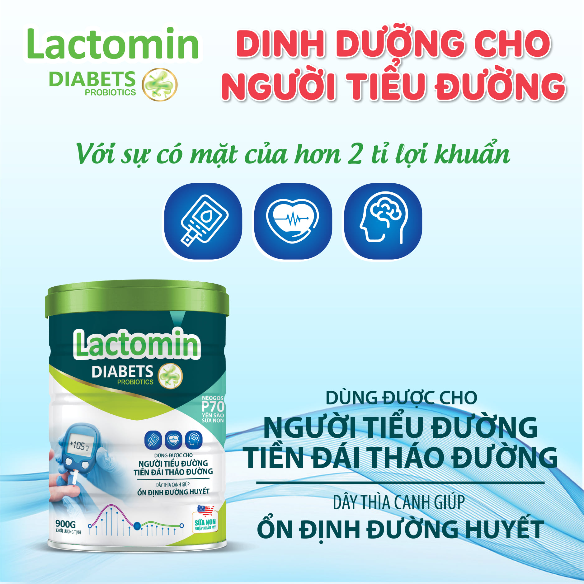 Sữa Mát cho người tiểu đường Lactomin Diabets 900g- Dễ tiêu hóa