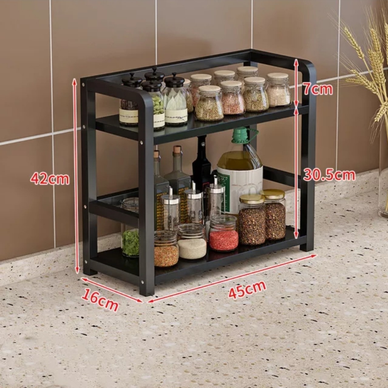 Kệ đựng gia vị nhà bếp ,nhỏ gọn khung sắt sơn tĩnh điện mặt gỗ  sang trọng – ĐEN