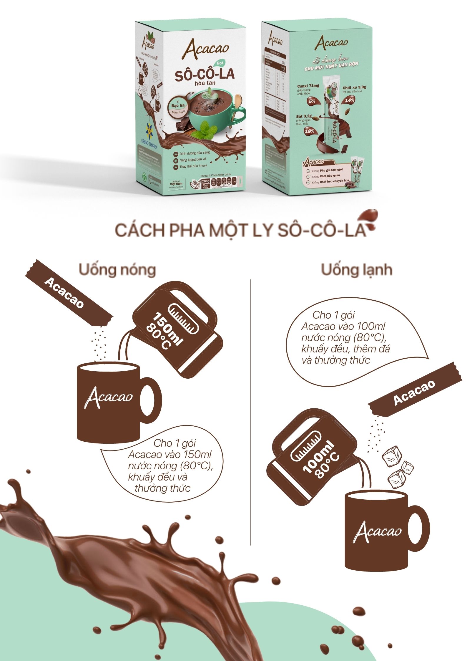 Combo 3 hộp bột Sô Cô La dinh dưỡng VỊ BẠC HÀ, SỮA DỪA và NGUYÊN BẢN phòng ngừa thiếu máu