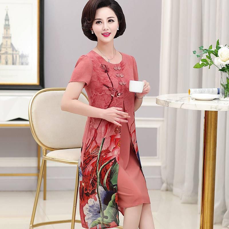 Đầm Trung Niên Tặng Mẹ , Kiểu Váy In Hoa Sen Cách Tân Cổ Tròn Ngắn Tay Form Suông Đi Tiệc | Thời Trang Trung Niên Nữ