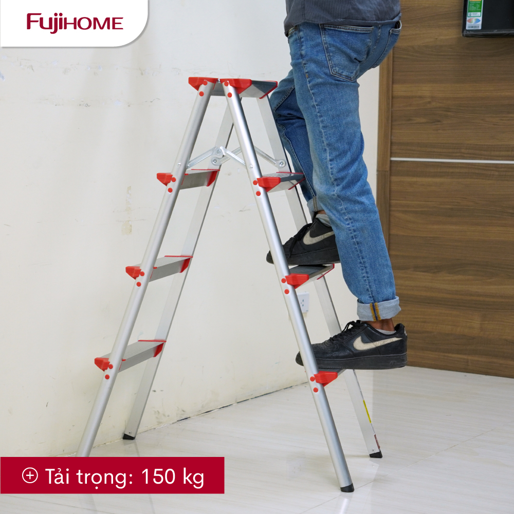 Hình ảnh Thang nhôm chữ A 4 bậc cao 1 Mét gấp gọn FUJIHOME DL204, thang ghế 4 bậc xếp gọn gia đình- Hàng chính hãng