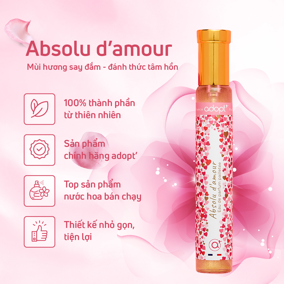 Nước hoa nữ adopt Absolu D'amour hương hoa hồng trẻ trung năng động dung tích 30ml lưu hương 6h-8h