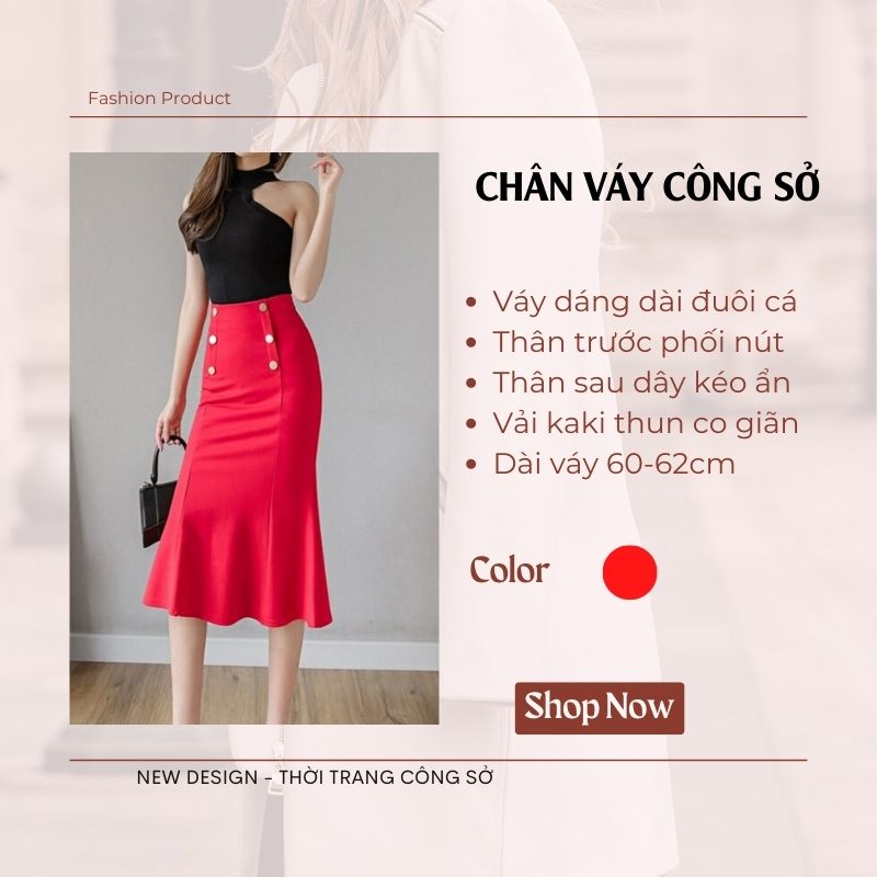 Chân váy công sở dáng đuôi cá, Lưng cao, Ôm body tôn dáng độ dài 60cm vải co giãn 4 chiều New Design CV015B