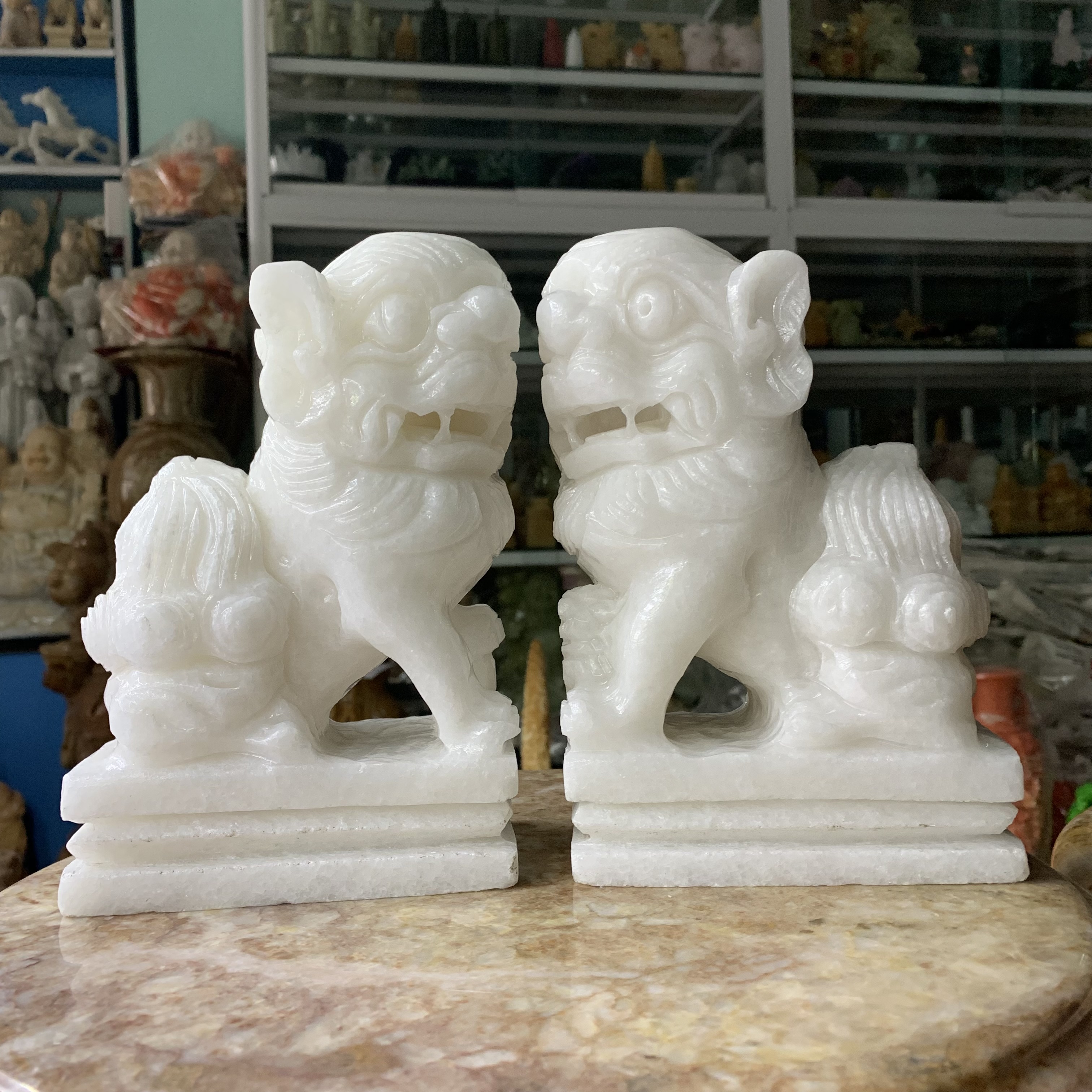Cặp Kỳ Lân, Nghê Đá Cẩm Thạch Trắng - cao 20cm