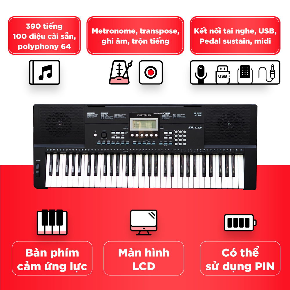 Đàn Organ điện tử/ Portable Keyboard - Kzm Kurtzman K200 (BL) - Màu đen - Hàng chính hãng