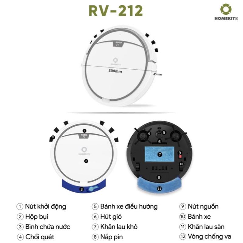 Robot hút bụi lau nhà điều khiển từ xa 6 tính năng HOMEKIT RV-212 kết nối app điện thoại RoBo Home - Hàng chính hãng