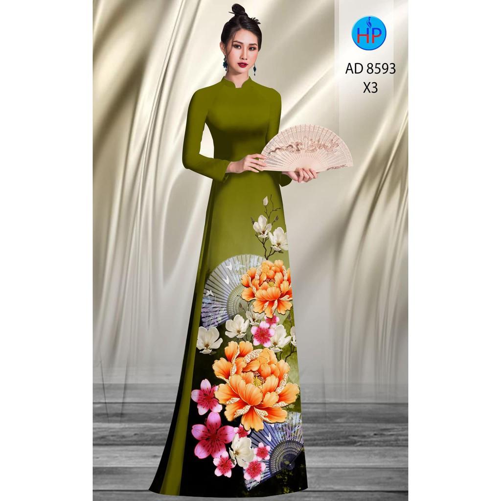 Vải may áo dài in hoa mẫu đơn ngũ sắc và quạt