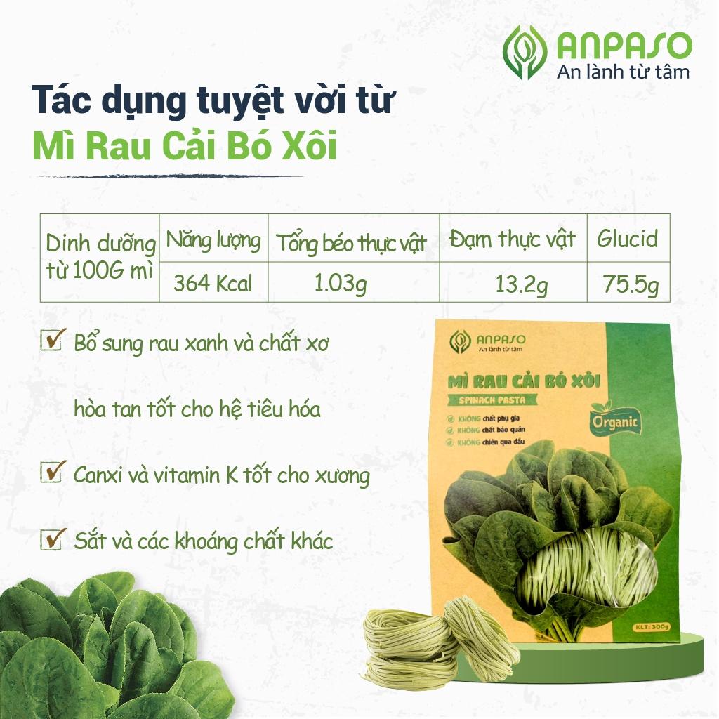 Mì Rau Củ Giảm Cân Organic Hữu Cơ Cải Bó Xôi Anpaso, mỳ rau củ Eat clean, ăn chay, không chiên nóng 300g