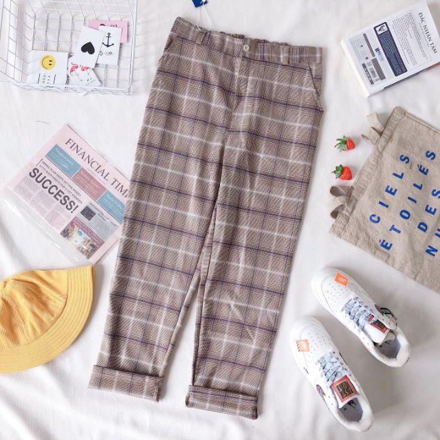Quần baggy kẻ nâu - ẢNH THẬT