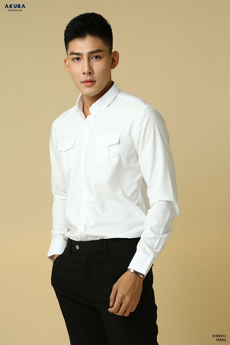 Áo sơ mi nam tay dài công sở có túi AKUBA form slimfit chất liệu Cotton thoáng khí, co giãn 01M5013