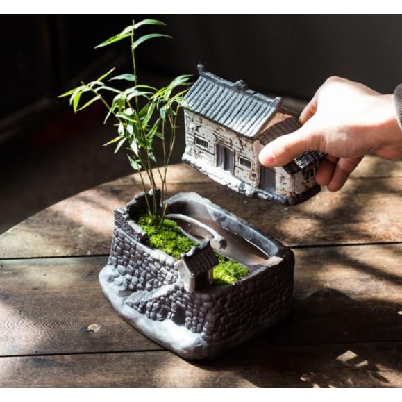 Nhà cổ trồng cây mẫu số 6 trang trí tiểu cảnh để bàn bonsai mini- Chất liệu gốm tử sa